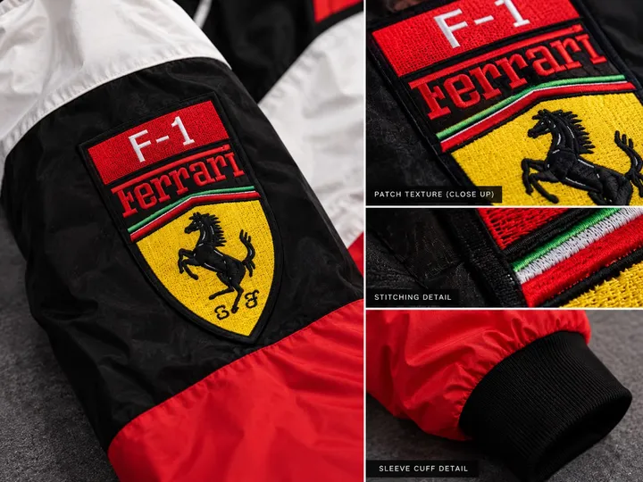 Close-up of the embroidered Ferrari patch, stitching and cuff